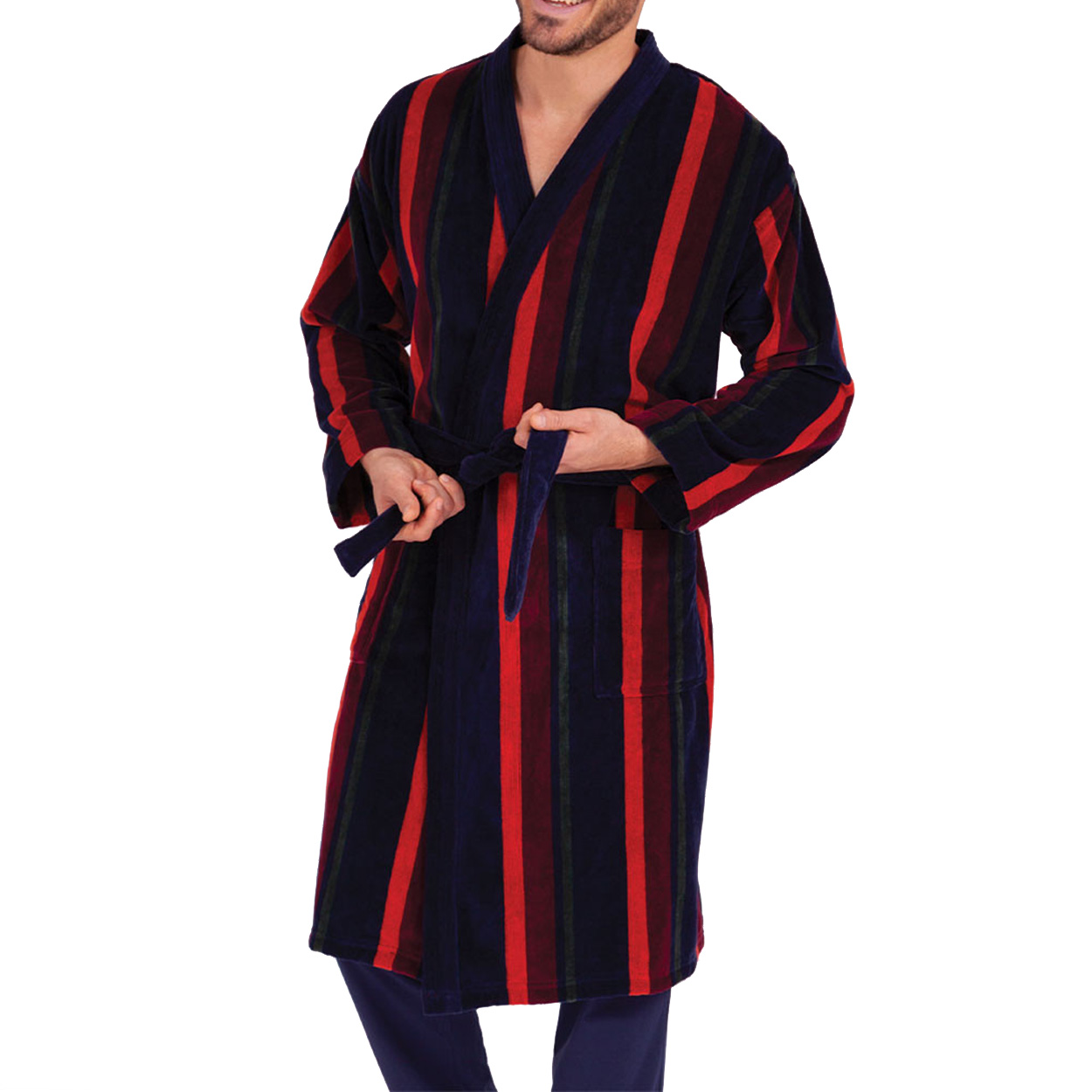 Robe de chambre Eminence en coton effet bouclettes à rayures bleu marine, orange, rouges et vertes