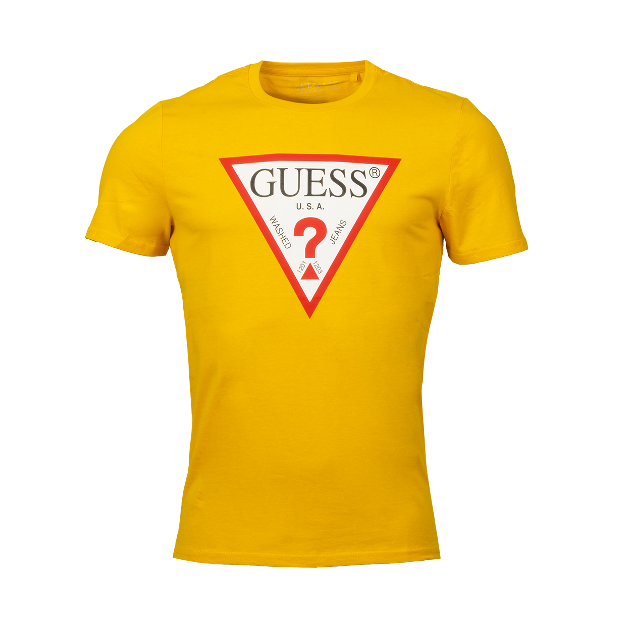 Tee-shirt col rond slim Guess en coton jaune floqué