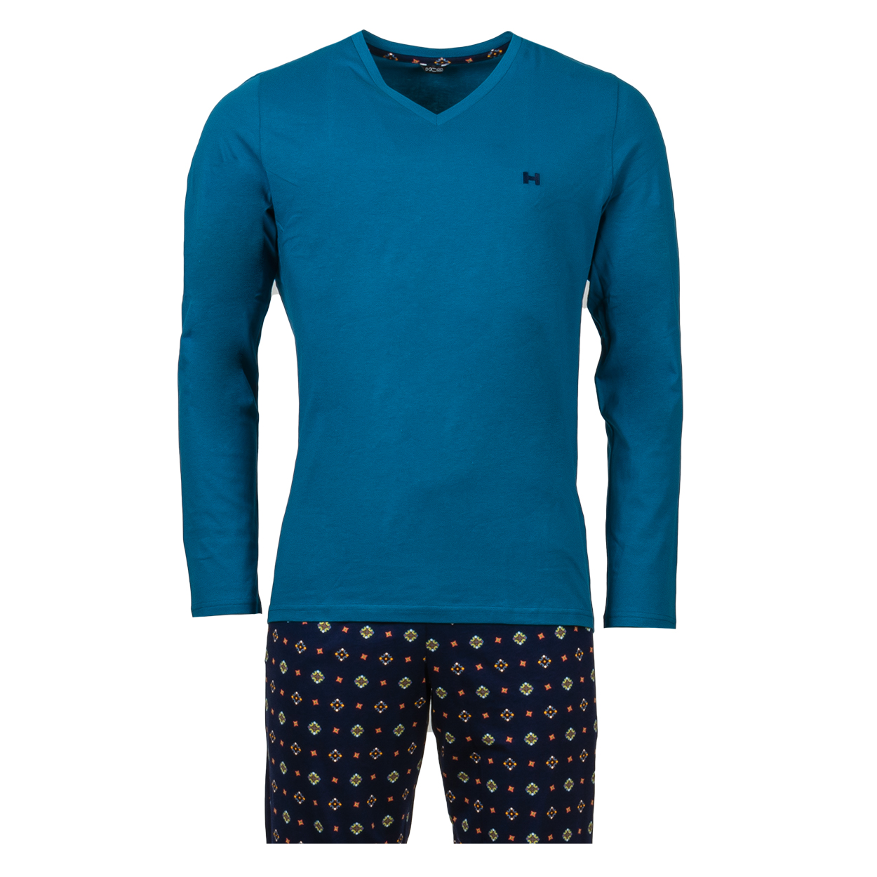 Pyjama long HOM Marius en coton : tee-shirt manches longues col V bleu canard et pantalon bleu marin
