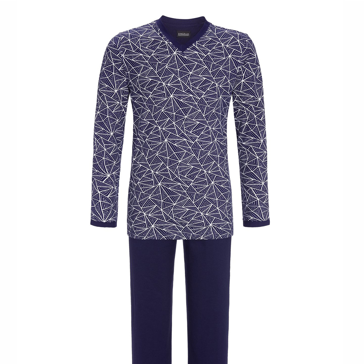 Pyjama long Ringella en coton : tee-shirt manches longues col V bleu marine à motifs graphique et pa