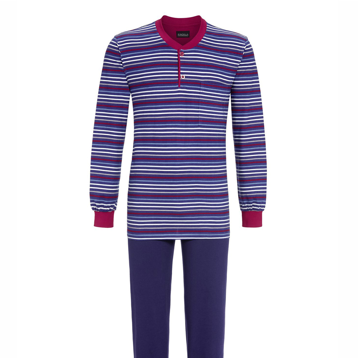 Pyjama long Ringella en coton : tee-shirt manches longues col tunisien rayé et pantalon bleu marine