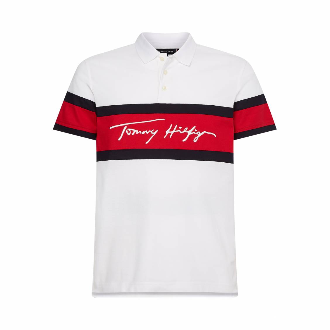 Polo Tommy Hilfiger en coton piqué colorblock blanc, bleu nuit et rouge |  Rue Des Hommes