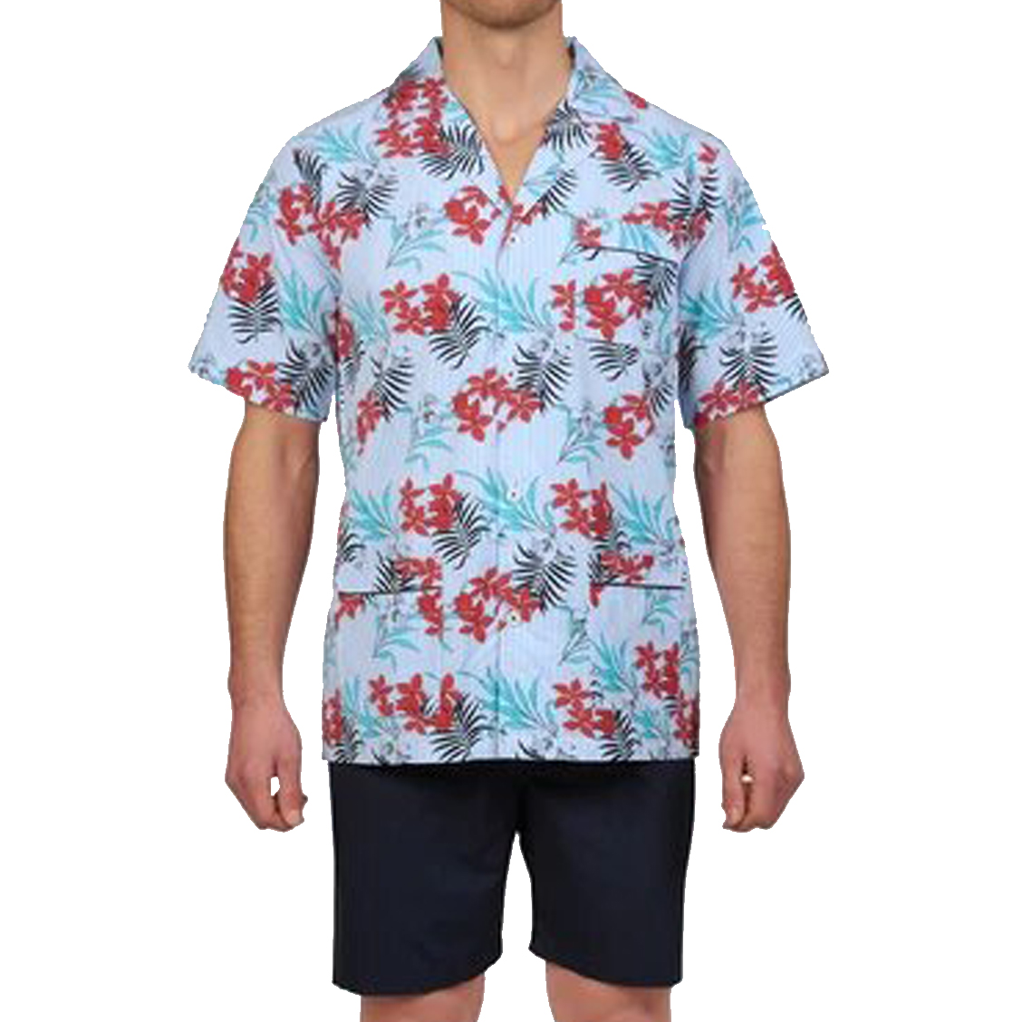 Pyjama court Mariner en coton : chemise rayée bleu ciel et blanc à motifs fleurs rouges et vertes et
