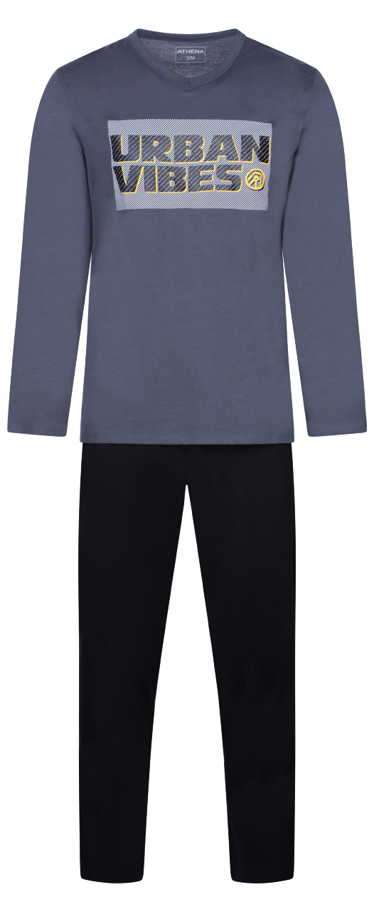 Pyjama long Athena en coton noir et gris anthracite