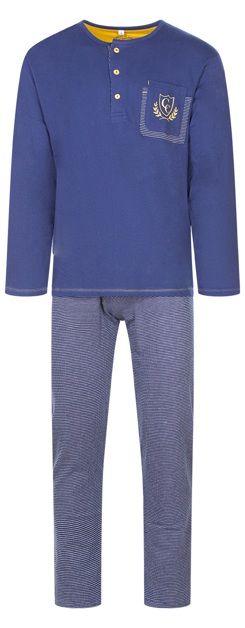 pyjama long christian cane iliodes en coton : tee-shirt manches longues bleu indigo et pantalon à rayures