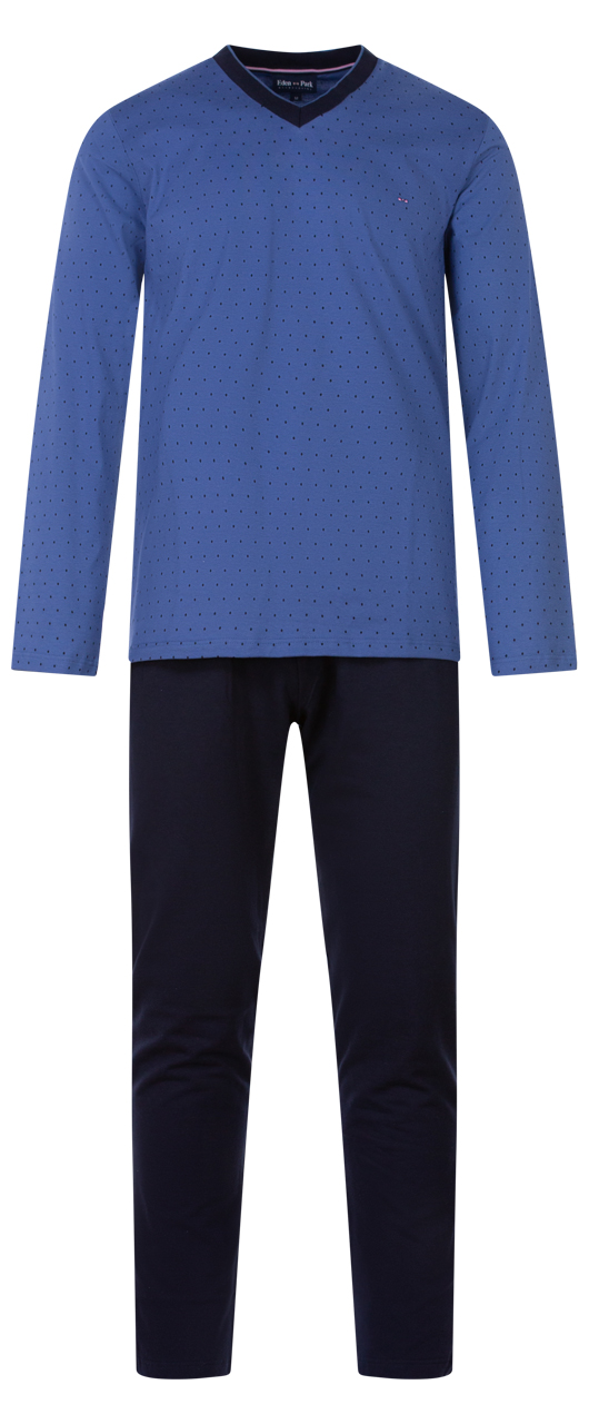 Pyjama long Eden Park en coton : tee-shirt col V manches longues bleu à micro motifs et pantalon ble
