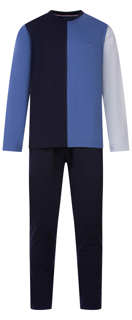 Pyjama long Eden Park en coton : tee-shirt manches longues bleu marine, gris chiné et bleu denim et 