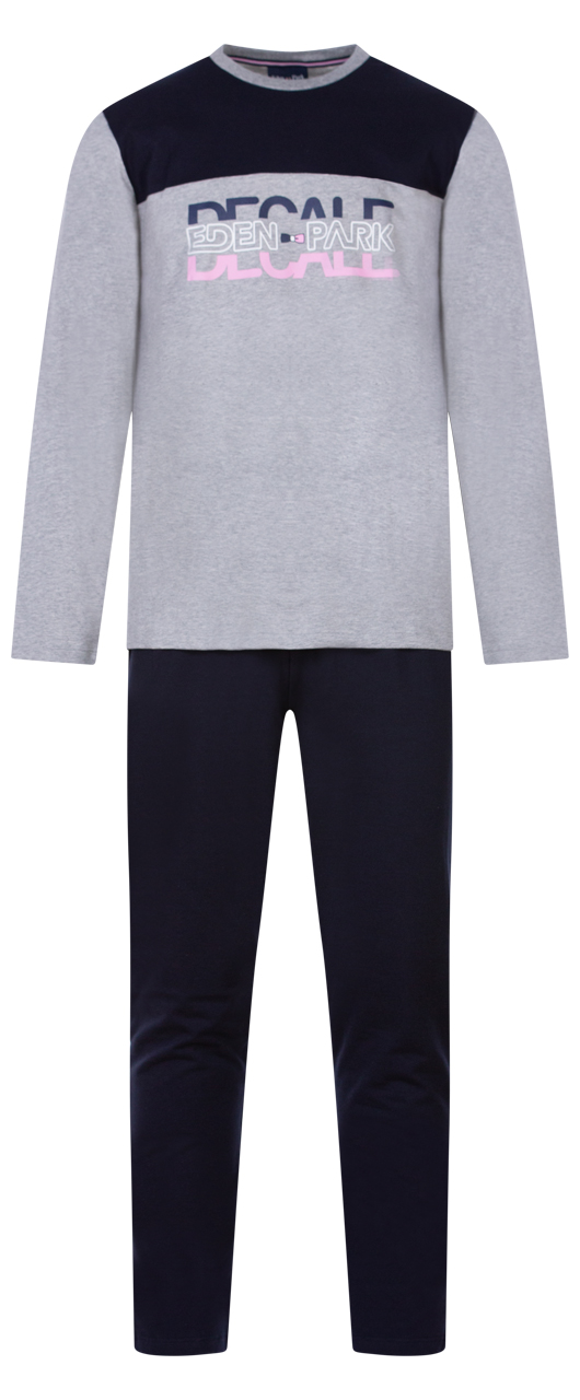 Pyjama long Eden Park en coton : tee-shirt manches longues col rond gris chiné floqué et pantalon bl