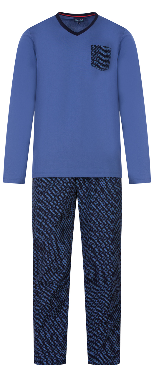 Pyjama long Eden Park en coton : tee-shirt manches longues col V bleu denim et pantalon à motifs