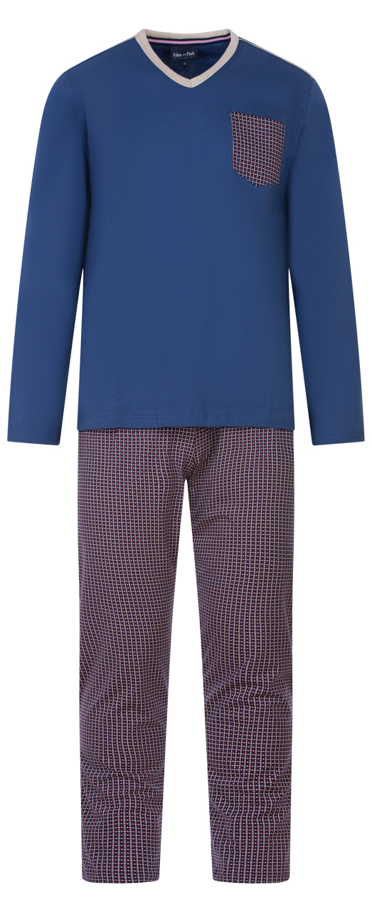 Pyjama long Eden Park en coton : tee-shirt manches longues col V bleu marine et pantalon à motifs