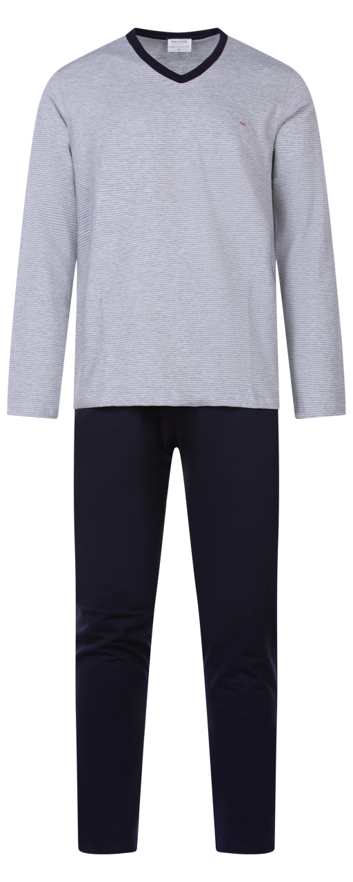 Pyjama long Eden Park en coton : tee-shirt manches longues col V à rayures grises et pantalon bleu m