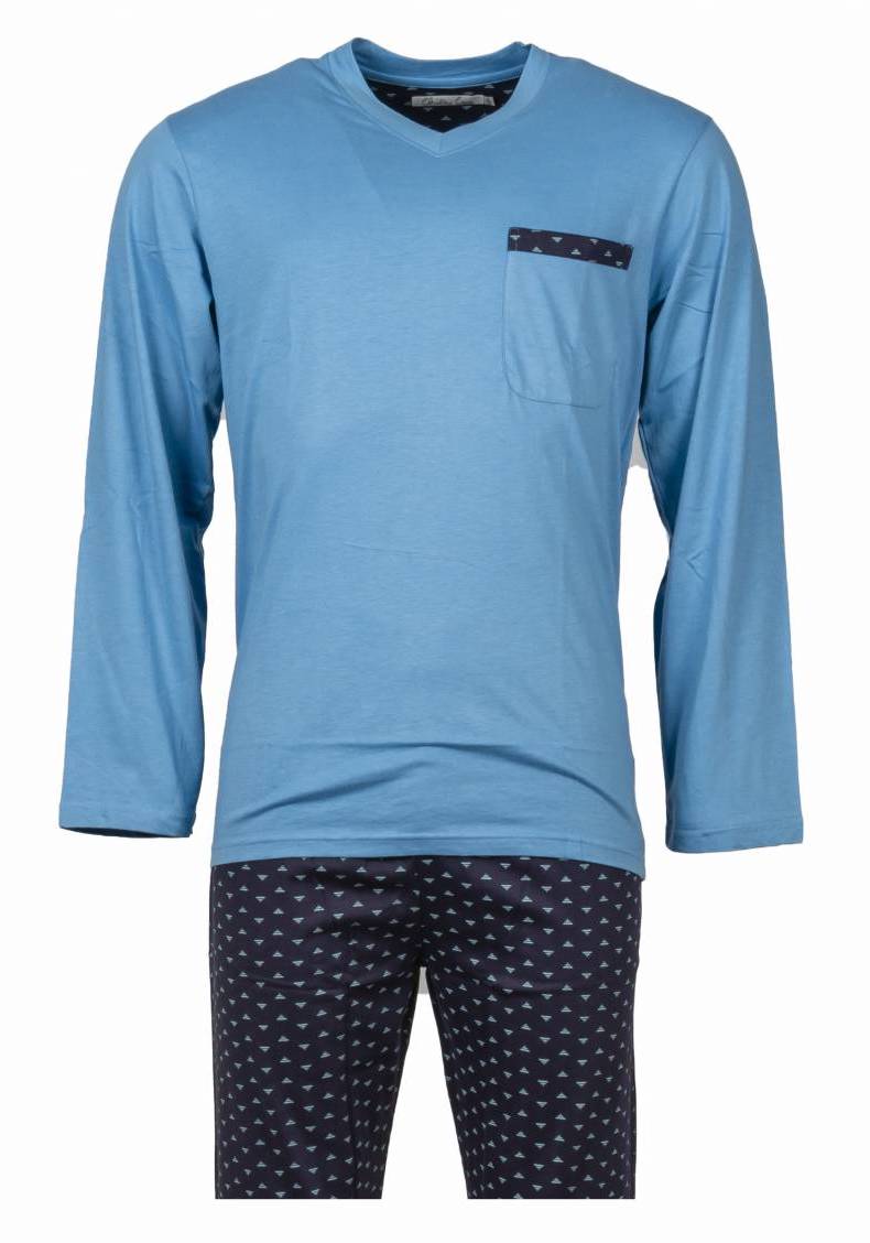 Pyjama long Christian Cane Sandro en coton : tee-shirt col V manches longues bleu ciel et pantalon bleu marine à motifs graphiques bleus