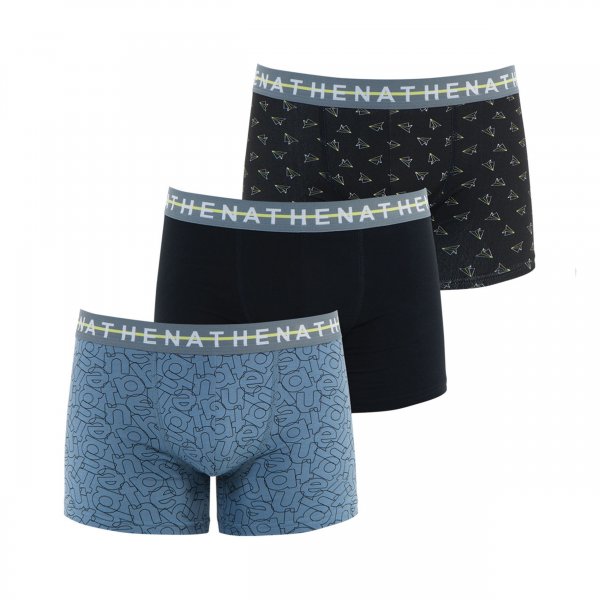 Lot de 3 boxers Athena en coton stretch respirant noir, noir à motifs en origami et bleu pétrole à motifs graphiques