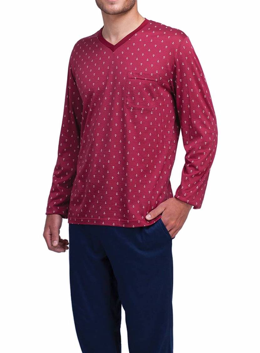 Pyjama long Eminence en coton : tee-shirt col V manches longues bordeaux à motifs ancres et pantalon bleu marine