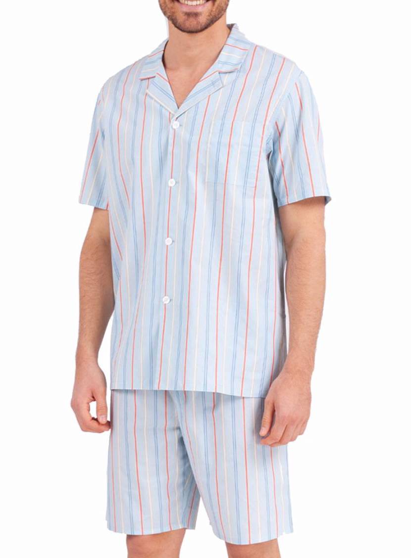 Pyjama court col chemise Eminence en coton bleu ciel rayé