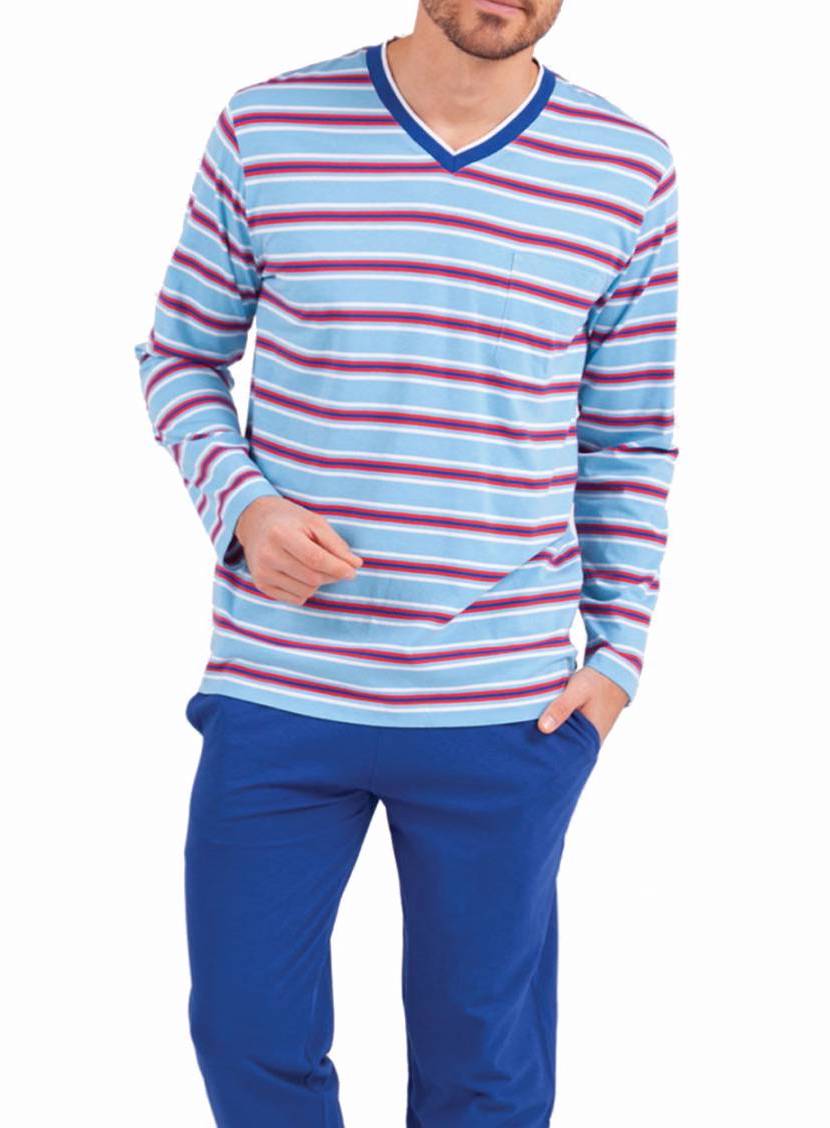 Pyjama long Eminence en coton : tee-shirt manches longues col V bleu ciel rayé, pantalon bleu cobalt uni