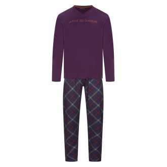Pyjama long Arthur avec manches longues et col v violet carreaux