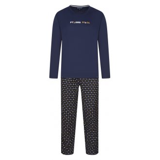 Pyjama long Arthur coton avec manches longues et col rond bleu marine