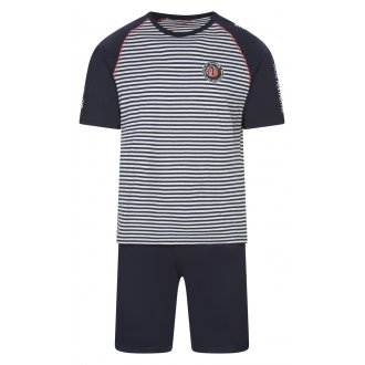Pyjama court Athena : tee-shirt col rond rayé blanc et bleu marine et short bleu marine