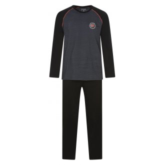 Pyjama long Athena : tee-shirt manches longues col rond noir rayé et pantalon noir