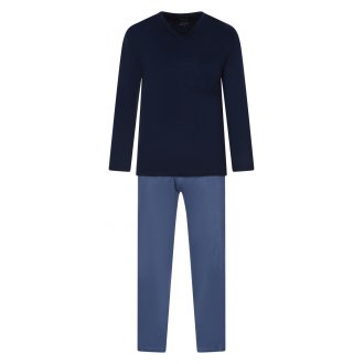 Pyjama long Eminence en coton : tee-shirt manches longues col V bleu marine et pantalon bleu