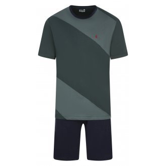 Pyjama court Eminence en coton : tee-shirt col rond rayé vert et gris et short bleu marine
