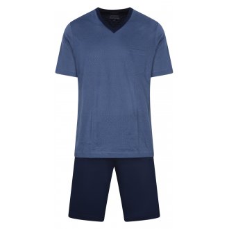 Pyjama court Eminence en coton : tee-shirt col V bleu à micro motifs et short bleu marine