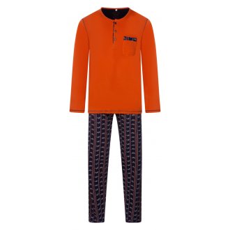 Pyjama long Christian Cane coton droit avec manches longues et col tunisien orange
