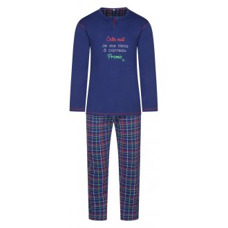 Pyjama Long avec manches longues et col tunisien Christian Cane coton bleu carreaux