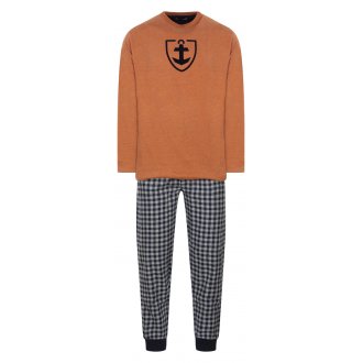 Pyjama long Mariner en coton avec manches longues et col rond orange vichy