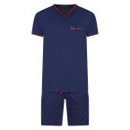 Pyjama court Arthur en coton avec manches courtes et col v bleu marine à petit coeur