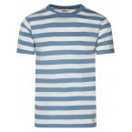 T-shirt col rond Armor Lux en coton et lin mélangé manches courtes bleu rayé