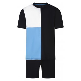 Pyjama court Eden Park en coton bleu nuit tricolore avec manches courtes et col rond