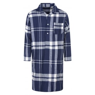 Chemise de nuit Arthur en coton avec manches longues et col cranté bleu marine à carreaux