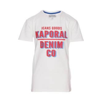 Tee-shirt col V Kaporal Junior Arrow en coton stretch blanc floqué en rouge et bleu azur