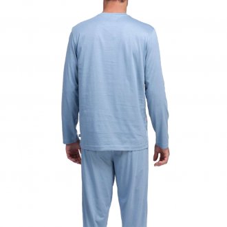 Pyjama long Eminence en coton : tee-shirt col V manches longues bleu acier à rayures roses et bleues et pantalon bleu acier