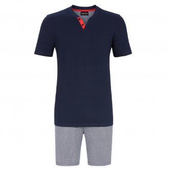 Pyjama court Ringella en coton : tee-shirt col V bleu marine et short bleu marine à motifs