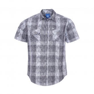 Chemise ajustée manches courtes TBS en coton à carreaux fantaisies bleu marine, blancs et gris