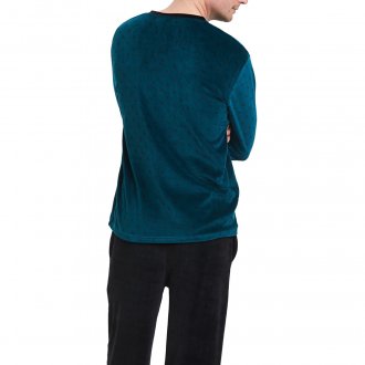 Pyjama long Arthur Slalom en velours: tee-shirt col V manches longues vert sapin à motifs noirs et pantalon noir