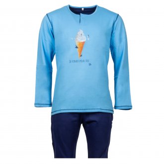 Pyjama long Christian Cane Mega-ice : tee-shirt en coton col tunisien à manches longues bleu ciel et bleu marine et pantalon en coton bleu marine