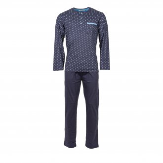 Pyjama long Christian Cane Sandro en coton : tee-shirt col tunisien manches longues bleu marine à motifs graphiques bleus et pantalon bleu marine