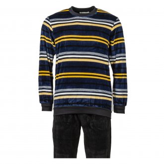 Pyjama long Christian Cane Sheldon en coton mélangé : tee-shirt col rond manches longues noir rayé et pantalon noir