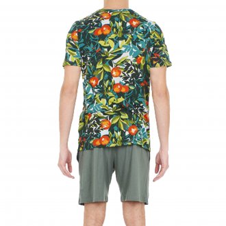 Pyjama court HOM Tangerine en coton : tee-shirt col rond à imprimé mandariniers et short vert kaki