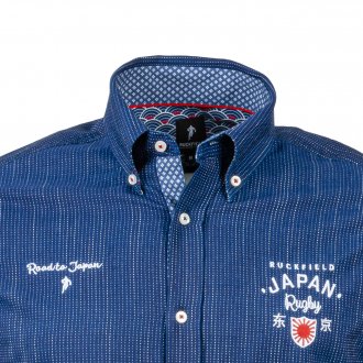 Chemise ajustée manches longues Ruckfield Japan en coton bleu marine à micro motifs blancs