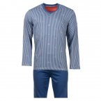 Pyjama long Christian Cane Wind en coton tee-shirt bleu indigo à rayures blanches et motifs avions bleu indigo