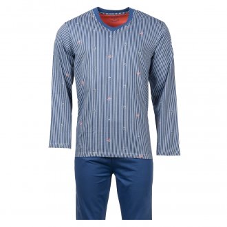 Pyjama long Christian Cane Wind en coton : tee-shirt bleu indigo à rayures blanches et motifs avions bleus, rouges et blancs et pantalon bleu indigo