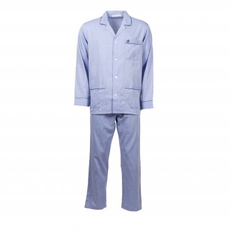 Pyjama long Christian Cane Gabriel en coton : chemise bleu ciel rayée ton sur ton et pantalon bleu ciel rayé ton sur ton