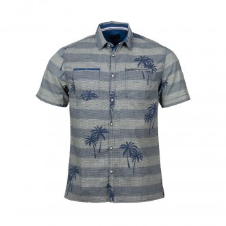 Chemise manches courtes coupe droite Kaporal Conge en coton bleu marine à motifs palmiers et rayures blanches