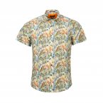 Chemise manches courtes coupe ajustée MCS en coton beige à motifs orange verts et bleus