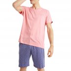 Pyjama court Arthur en coton : tee-shirt rose brodé et short bleu à motifs verres de vin